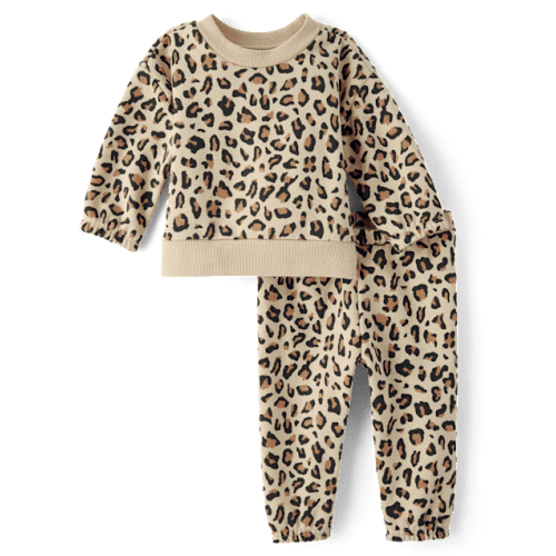 Baby Girls Leopard Premium Fleece 2-Piece Outfit Set - Tan
