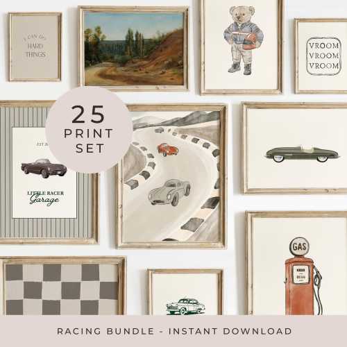 Vintage Racing Car Nursery Wall Art Set Neutral Sage Boys Room Prints Bundle 25 Printable Race Boy Playroom Decor