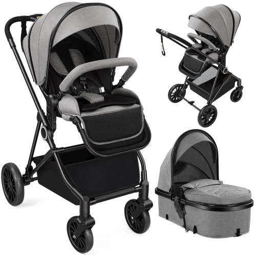 Vomeast 2 in 1 Baby Strollers, Foldable Travel Stroller with Reversible Seat, All-Wheel Suspension, 5-Point Harness, Gray