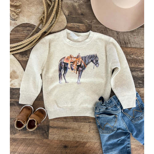 theFRINGEDpineapple Ol Trusty- Hand Drawn Western Sweatshirt/Tee (Infant/Toddler/Youth)(Cream) - 3-6m Onesie