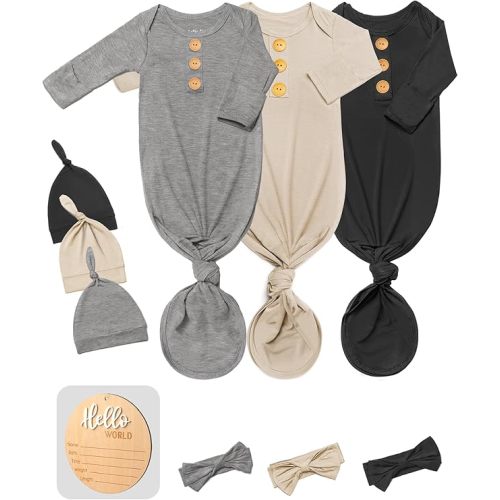Baby Knotted Gown 3 Packs, Breathable Pajamas Going Home Outfit Clothes Newborn Girl Boy, Infant Announcement Sleepers 0-3 Months Set with Mittens, Hats, Headbands & Wooden Name Sign