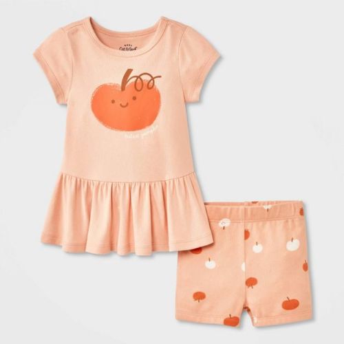 Baby Girls' 2pc Smiling Pumpkin Peplum T-Shirt and Bike Shorts Set - Cat & Jack™ Peach Orange
