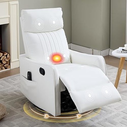 Manual Swivel Rocker Recliner Chair for Adults, Overstuffed Glider Chair for Nursery with Massage and Heat, Living Room Reclining Chair, Faux Leather White