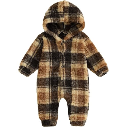 Unisex Baby Fleece Jumpsuit Newborn Hooded Snowsuit | Long Sleeve Plaid/Butterfly Print Romper Warm Winter Clothes, Suit for Outdoors Wear, Soft and Comfort Fabric