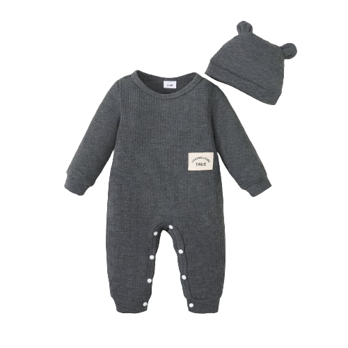 Mikrdoo 0 Months Newborn Baby Boys Clothes 3 Months Baby Boys Woven Label Jumpsuits Long Sleeve Solid Color Bodysuits With Hat 2Pcs Fall Winter Romper Sets