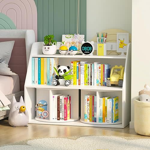 NACHES Wooden Kids Bookcase with 2 Rotating Shelves 3 Tier Children Bookshelf Toddler Toys Organizer Multi Functional Wood Storage Bookshelf for Kids Rooms Nursery, White