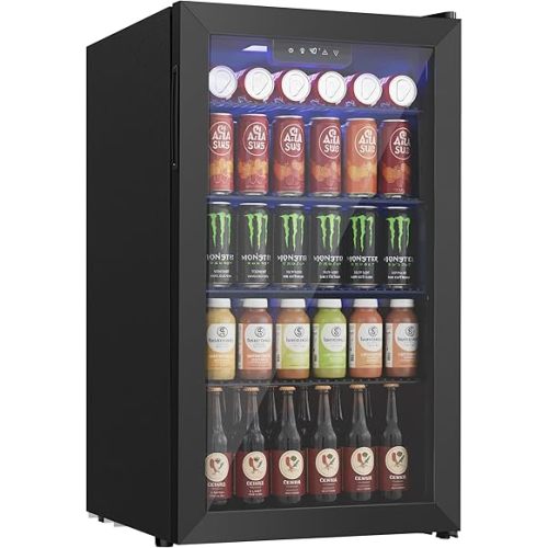 Beverage Refrigerator Cooler, 126 Can Mini Fridge with Glass Door for Wine, Soda Beer, Beverage Cooler for Home, Bar, Office with Adjustable Removable Shelves, Black