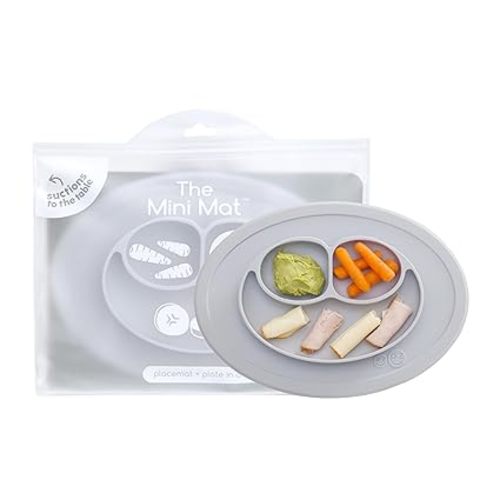 ezpz Mini Mat (Pewter) - 6 -12 Months+ - 100% Silicone Suction Placemat + Divided Plate with Three Compartments - Supports Baby-Led Weaning - Designed for Highchair, Table, and Travel