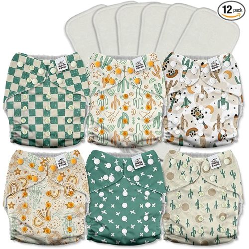 Mama Koala 3.0 Pocket Cloth Diapers for Babies with AWJ Lining, 6 Pack with 6 5-Layer Natural Cloth Diaper Inserts - Reusable and Washable Pocket Diapers(A-Desert Oasis)