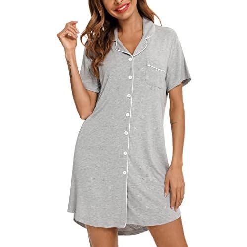 Pjmlifecoco Nightgown for Women Button Down Sleepshirt Short/Long Sleeve Nightdress Soft Modal Sleepwear S-XXL