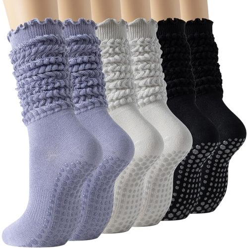Pilates Grip Socks for Women, Non Slip Scrunch Yoga Socks for Home, Workout | Pilates Slouch Socks, Cozy Grippy Scrunchy Ankle Crew Socks with Grips for Yoga, Pilates, Lagree, Megaformer, Barre, Reformer