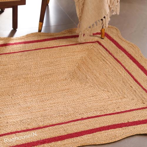 Handwoven Jute Rug with Red Stripes | Natural Farmhouse Area Rug | Boho Rustic Floor Mat | Eco Friendly Home Decor