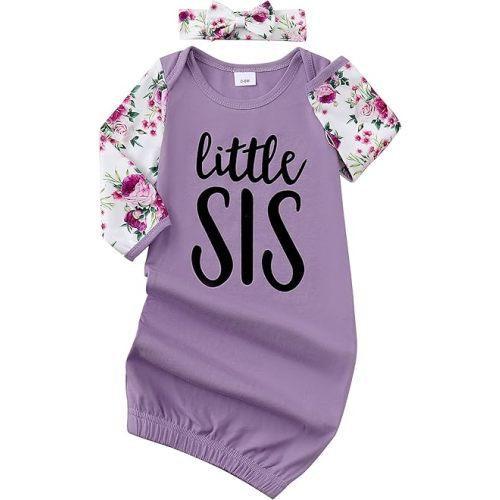 AMAWMW Newborn Baby Girl Little Sister Sleeper Gown Stripe Long Sleeve Nightgown Pajamas Gifts Stuff Essential Outfit