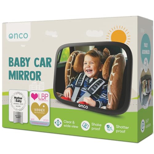 Onco Baby Car Mirror Rear Facing - Double Award-Winning Convex Car Mirror for Baby, 100% Shatterproof & Shakeproof with 360 Rotation, Newborn Essentials (9.6 x 6.9 in)