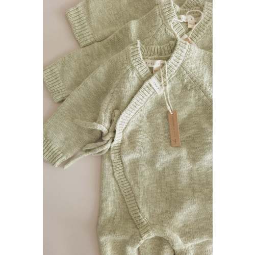 Cotton Textured Knit Baby Kimono Overall Suit. Sage
