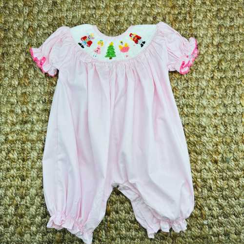 Nutcracker Smocked Christmas Bubble in Pink - Heirloom Girl Romper, Vintage Style, Matching Sibling 682 *B