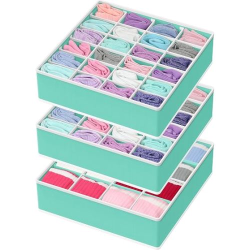 Simple Houseware Sock Drawer Organizer for Dresser/Closet/Bedroom, 3 Pack, Turquoise