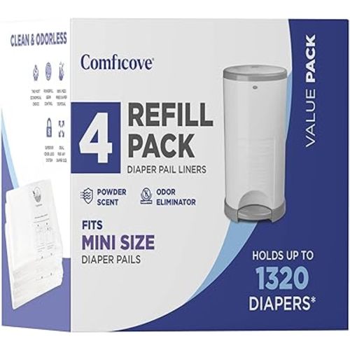 Comficove Refills Compatible with DEKOR MINI Diaper Pails | 4 Pack | Diaper Pail Refills | Powder Scent | Holds up to 1320 Diapers