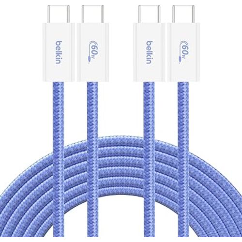 Belkin USB C to USB C Cable 2-Pack, 9.9ft, 60W - Type C Charger, iPhone Charger Cord, Soft, Braided, Flexible for iPhone 17, Galaxy S25, Pixel 10, Airpods, iPad Pro & More, Travel Essentials - Blue