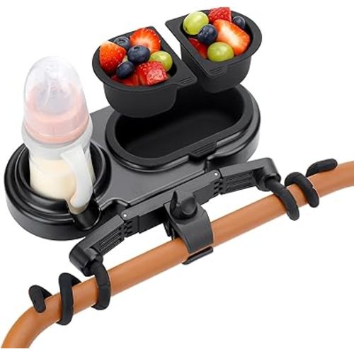 BUSOHA Universal Stroller Snack Tray - 3 IN 1 Snack Container,Cup Holder Tray with Flexible Silicone Arm Gripper and Clip,with 3 Removable Silicone Cups,Travel Accessories for Toddler,Kids