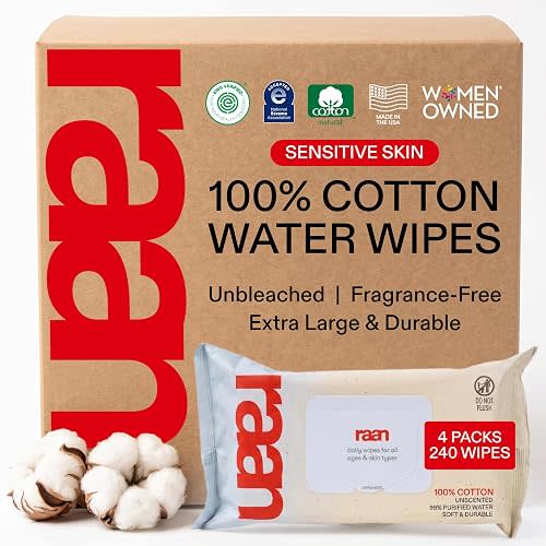 Raan, 100% Cotton Baby & Toddler Wipes, Unbleached, 99% Purified Water, Unscented, EWG verified, Made for Sensitive Skin, Extra Soft and Durable, 4 pack, 240 Count