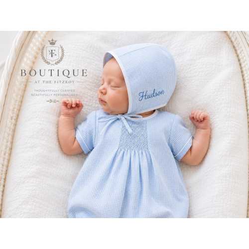 Personalized Baby Boy Smocked Bubble with Signature Bonnet