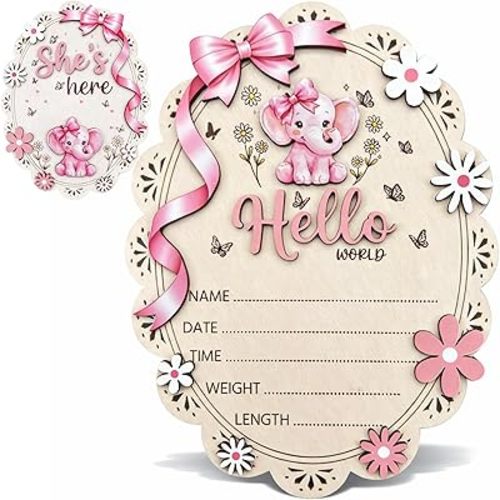 Baby Announcement Sign with New Baby Card, 8 Inch Wooden Hello World Newborn Sign, Double-Sided Birth Announcement Sign For Hospital Photo Prop, She’s Here Card, Baby Shower Keepsake Hospital Nursery