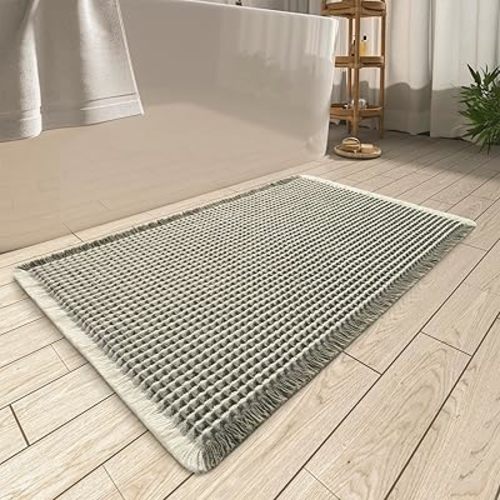 AMOAMI Upgraded Waffle Bath Mat, Super Absorbent Non Slip Bath Mats for Bathroom Floor, Machine Washable Bathroom Rugs with Tassels, Rubber Backed Bathroom Mats, Ultra Soft, 24" x 36", Green & Cream
