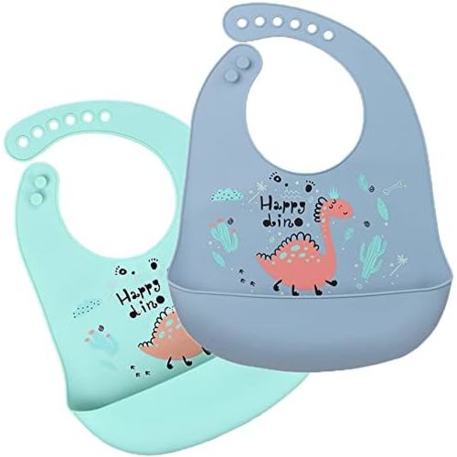 Silicone Bibs for Babies and Toddlers 2 Sets Feeding Bibs for Boy and Girl, Adjustable Soft Waterproof Bibs