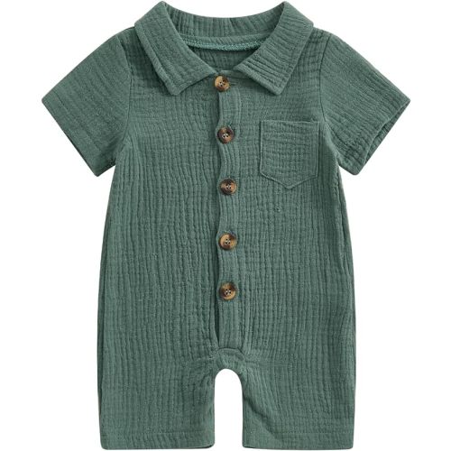 Honganda Summer Baby Boy Cotton Linen Jumpsuit Short Sleeve Button Down Playsuit Romper One Piece Outfit 0-24M