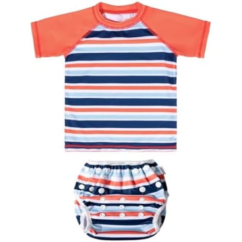 ALVABABY 2-Piece Baby Boy Swimsuit,Infant Toddler Bathing Short Sleeve Swimwear,Baby Reusable Swim Diaper with Matching Top