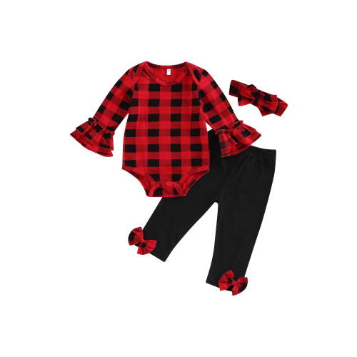 Bagilaanoe 3Pcs Newborn Baby Girl Christmas Outfits Plaid Long Sleeve Romper Tops + Trousers + Headband 3M 6M 12M 18M Infant Fall Long Pants Set