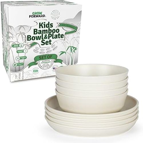Grow Forward Bamboo Kids Plates and Bowls Set - 4 Bamboo Plates for Kids and 4 Bamboo Bowls for Kids - BPA Free & Dishwasher Safe - Eco Friendly and Reusable Childrens Dishes - Arctic