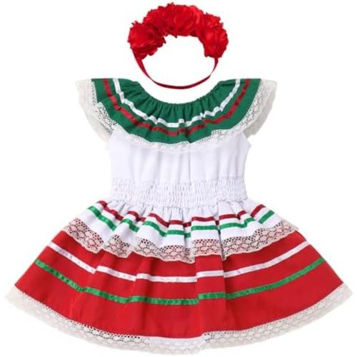 FYMNSI Baby Girls Mexican Romper Dress with Floral Headband Toddler Ruffle Lace Casual Mexico Traditional Folk Drape Dresses