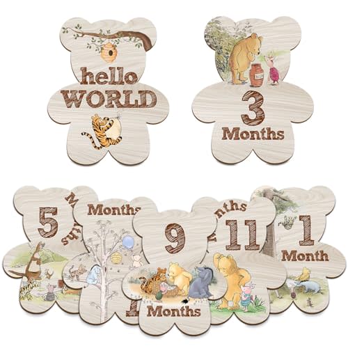 Hatzelou 7Pcs Winnie Baby Monthly Milestone Markers, Classic Winnie Baby Stuff, Double-Sided Printing Months Baby Milestone Wooden Keepsake, Milestone Pictures of Newborn