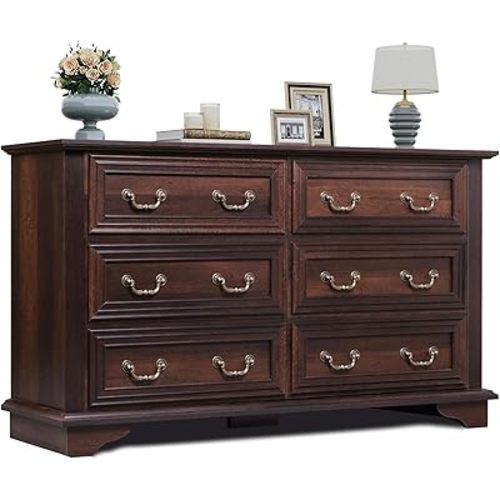 WLIVE Wood Dresser for Bedroom with 6 Drawer, 51.97'' Wide, Farmhouse Long Storage Dresser Organizer with Roman Metal Handle, TV Stand for 60 inch TV, Chest of Drawers for Living Room, Hallway, Brown