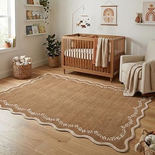 GarveeHome 4x6 Brown Scalloped Washable Area Rug for Nursery Room, Solid Floral Soft Nursery Rug Non Slip Low Pile Small Carpet Stain Resistant Throw Rug for Dorm Kids Room Office Dining Room