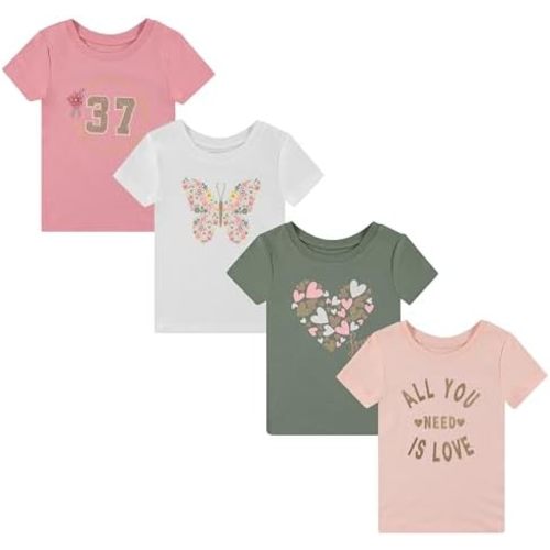 BTween Girls 4 Piece Tops Fashionable Short Sleeve T-Shirt Casual Daily Shirt for Kids Assorted Colors