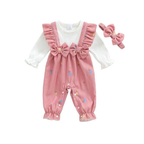 Loicainy Infant Baby Toddler Girl Fall Spring Jumpsuit 3 6 9 12 18 Months Long Sleeve Crew Neck Bow Decor Patchwork Romper with Headband Set