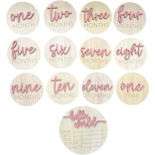 Baby Monthly Milestone Cards, 3D Premium Wooden Discs for Baby Photos and Pregnancy Journey plus BONUS Hello World Sign for Birth Announcement and Documenting Growth, Light Wood Photo Props (13 pcs) Baby Shower and Gender Reveal Gift (Pink)