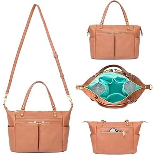 MOMINSIDE Small Diaper Bag, Mini Diaper Tote, Leather Diaper Bag Purse, Crossbody Baby Bag with 13 Pockets, Diaper Clutch for Women Mom, 2 Insulated Pockets(Brown)