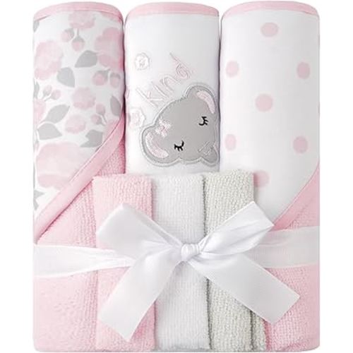 Viviland Baby Towels and Baby Wash Cloths Set Hooded Baby Towels Baby Wipes Absorbent Bath Face Towels Burp Cloths or Face Towels for Girl Boy 6-Pack Size 28 x 28 Inch(Elephant Flower)