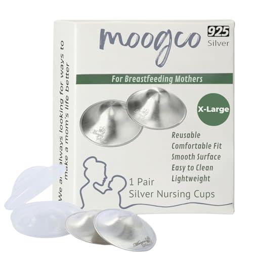 MOOGCO The Original Silver Nursing Cups - Nipple Shields for Nursing Newborn - Breastfeeding Essentials - Newborn Essentials Must Haves - Nipple Covers Breastfeeding - 925 Silver (X-Large)
