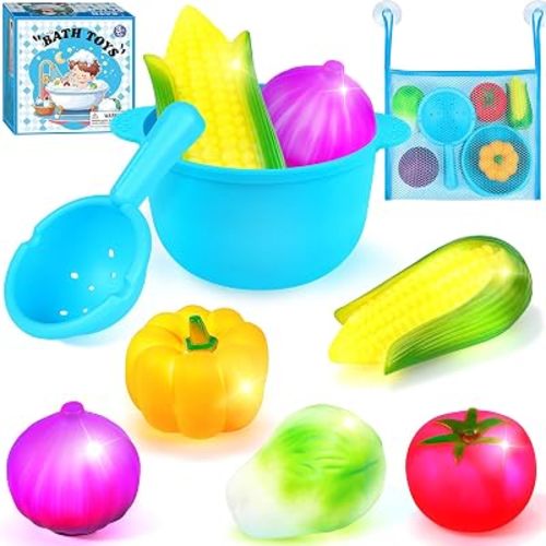 TSDATOWR Light Up Bath Toys, No Hole Vegetable Soup Set for Toddlers