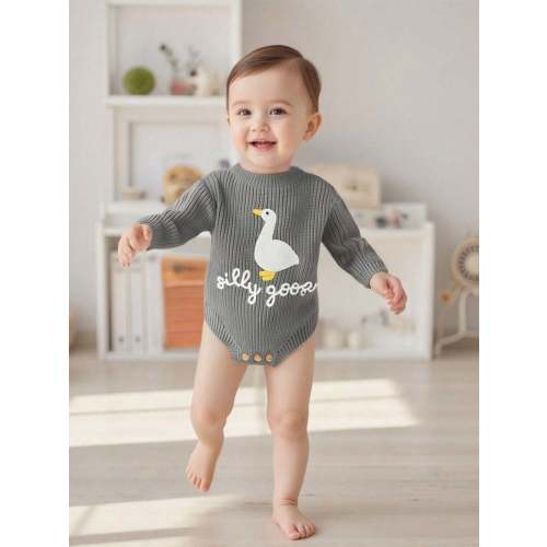 Newborn Infant Cute Goose Letter Embroidery Romper Jumpsuit Baby Knitted Sweater Long Sleeve Round Neck Rompers Newborn Girl Boy Goose Funny Romper Reveal Pregnancy Announcement Clothes | SHEIN USA