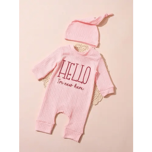 SHEIN New Born Photography Outfits Baby Boys Girls "HELLO" Embroidery Romper Jumpsuit And Hat 2pcs Set, Infant 1 Month 100 Days Photo Studio Shooting Props Fall Winter | SHEIN USA
