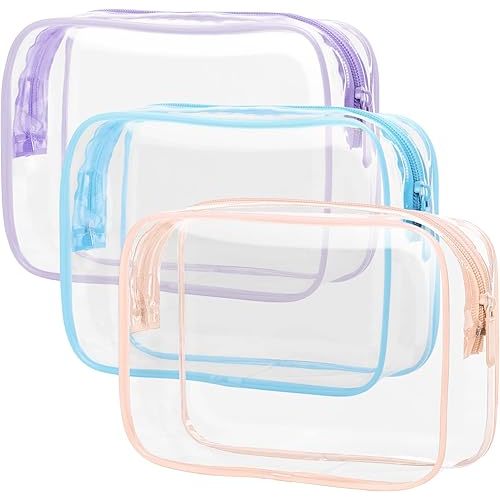 PACKISM Clear Toiletry Bag 3 Medium - TSA Approved Toiletry Bag Quart Size Bag, Travel Makeup Cosmetic Bag for Women, Carry on Airport Airline Compliant Bag, Blue-Purple-Pink