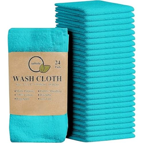 Softolle 100% Cotton Washcloths 24 Pack (12x12 Inches) Soft, Highly Absorbent Washcloth, Face Towels, Wash Cloths for Face, Ring Spun, Bulk Pack (Turquoise)