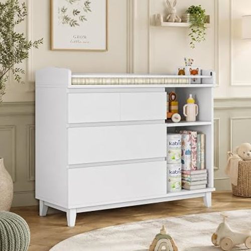 iPormis Baby Dresser with Changing Table Top, 4 Drawers & 2 Open Shelves, Multi-Functional Nursery Changing Station with Storage, White