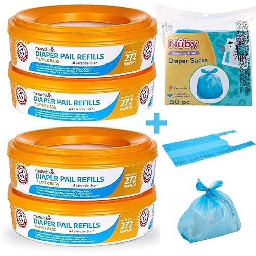 Munchkin A&H Diaper Pail Refill Rings, 4-Pack Holds Up to 1,088 Diapers Total + 50 Diaper Sacks, Lavender Scent, 7-Layer Bags,
